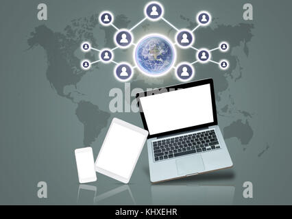 Social network with Technology devise on world map background, Elements of this image furnished by NASA, Business network concept Stock Photo