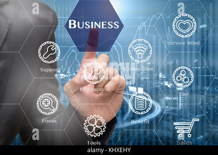 Businessman touching the Business icon with business success tools on Trading graph on the cityscape at night background, Business technology concept Stock Photo