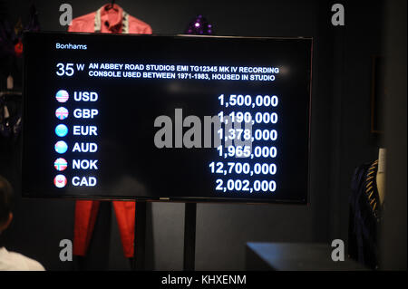 NEW YORK, NY - MARCH 27: Recording console used for 'The Dark Side of the Moon' goes on sale - 'TCM Presents... Rock and Roll Through The Lens' sale featuring Jimi Hendrix's recorder, estd $150,000 - $200,000 and the Abbey Road Studios recording console used to record Pink Floyd's album 'The Dark Side of the Moon' Location: Bonhams, on March 27, 2017 in New York City.   People:  General Veiw Stock Photo