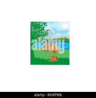 Summer landscape tent and bonfire Stock Vector