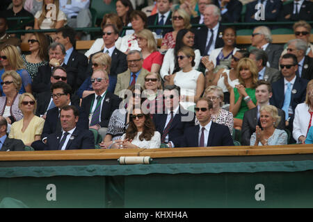 LONDON, ENGLAND - JULY 02: Catherine, Duchess of Cambridge and Prince William, Duke of Cambridge attend the Andy Murray vs Grigor Dimitrov match on centre court during day nine of the Wimbledon Championships at Wimbledon on July 2, 2014 in London, England   People:  Kate Middleton Prince William Stock Photo