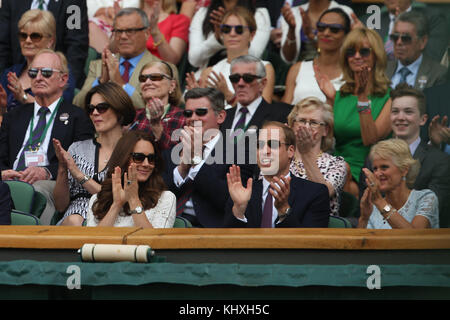 LONDON, ENGLAND - JULY 02: Catherine, Duchess of Cambridge and Prince William, Duke of Cambridge attend the Andy Murray vs Grigor Dimitrov match on centre court during day nine of the Wimbledon Championships at Wimbledon on July 2, 2014 in London, England   People:  Kate Middleton Prince William Stock Photo