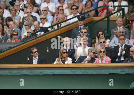 LONDON, ENGLAND - JULY 02: Catherine, Duchess of Cambridge and Prince William, Duke of Cambridge attend the Andy Murray vs Grigor Dimitrov match on centre court during day nine of the Wimbledon Championships at Wimbledon on July 2, 2014 in London, England.  People:  Princess Beatrice of York, Dave Clark Stock Photo