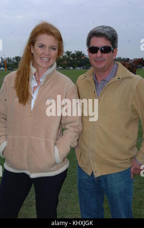 WELLINGTON, FL-FEBRUARY 05; (EXCLUSIVE COVERAGE) Sarah Ferguson Duchess of York enjoys a day with Oscar Bermudz at the Palm Beach Polo and Country Club in Wellington Florida. February 05, 2005. Miami Beach, Florida   People:  Sarah Ferguson Duchess of York Stock Photo