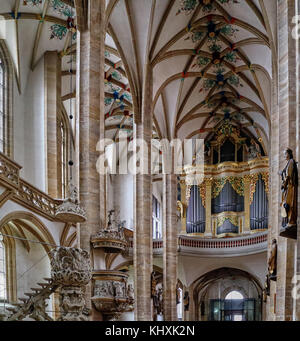 Europe, Germany, Saxony, Freiberg, the old town, the cathedral St-Mary of style Flamboyant Gothic was set up between 1490 and 1501. Throne one of the most famous German baroque organs, made in 1714 by Johann Gottfried Silbermann. Recordings of numerous famous artists take place on the organ, which is one of the last instruments of master in a good state of preservation, having been restored in 1985. Stock Photo