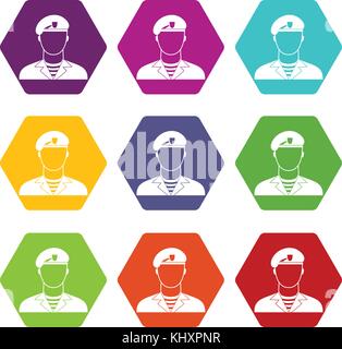Modern army soldier icon set color hexahedron Stock Vector