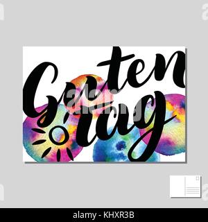 Guten Tag, Good day, Hello in German hand drawn lettering post card with abstract circle colorful background. Vector lettering illustration. Template  Stock Vector