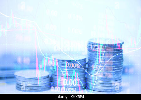 Double exposure of stacks of coins and credit card with candle stick graph chart, indicator, price of stock market or stock exchange trading, finance  Stock Photo