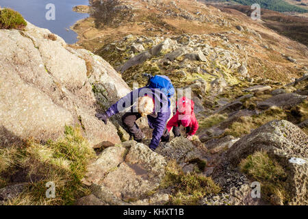 Two hikers climbing on Daear Ddu east ridge rock scramble route on Carnedd Moel Siabod mountain in mountains of Snowdonia National Park. Wales UK Stock Photo