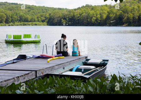 Two girls sitting on jetty beside lake, rear view Stock Photo