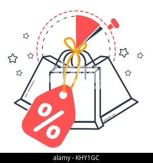 Icon sale  with  packages against the background of time. Icon in the linear style Stock Vector