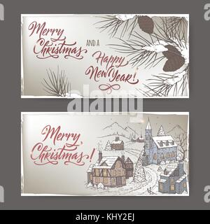 2 color Christmas banners with mountain village, pine branches under snow and holiday brush lettering Stock Vector