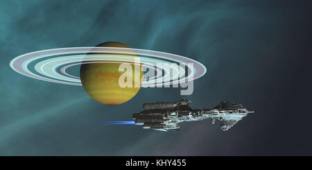 Space Frigate Freighter - A spaceship hauls freight from an outpost colony on one of Saturn's moons in the future of space travel. Stock Photo