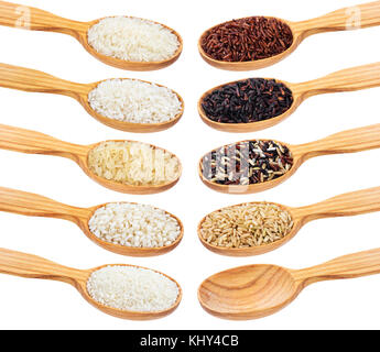 Rice collection. Different types of rice in wooden spoons isolated on white background Stock Photo