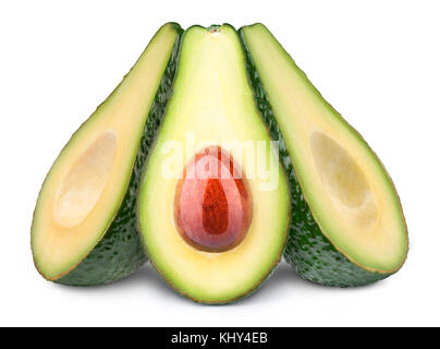 Group of three avocado halves slices with oily stone isolated on white, with clipping path Stock Photo