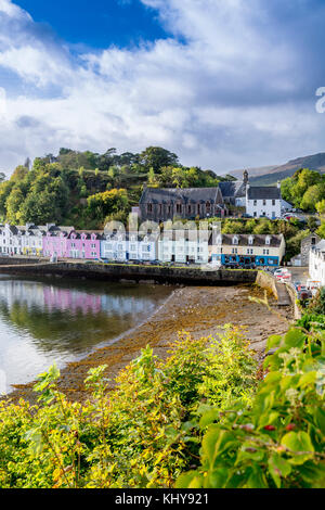 Rows of colourful houses overlook the harbour in Portree, the main town on the Isle of Skye, Highland, Scotland, UK Stock Photo