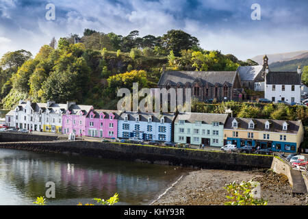 Rows of colourful houses overlook the harbour in Portree, the main town on the Isle of Skye, Highland, Scotland, UK Stock Photo