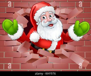 Santa Cartoon Breaking Through a Wall Background Stock Vector