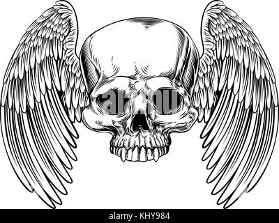 Winged Skull Vintage Retro Woodcut Style Stock Vector