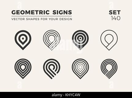 Set of eight minimalistic trendy shapes. Stylish vector logo emblems for Your design. Simple creative geometric signs collection. Stock Vector