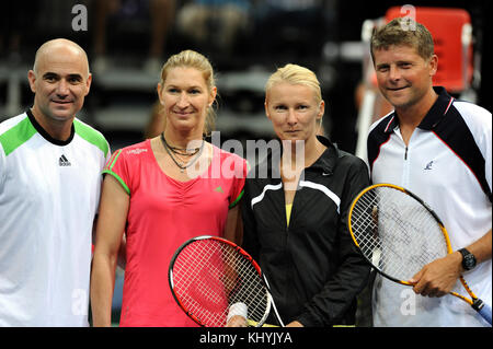 FILE PHOTO FROM June 7 2011 From left: Andre Agassi of USA, German Steffi Graf, Jana Novotna and Jiri Novak of Czech Republic pose to photographers during the exhibition tournament Advantage Tennis IV in Prague, June 7, 2011. Czech tennis player Jana Novotna, winner of Wimbledon, died after a serious illness on Sunday, November 19, 2017 at the age of 49 years. She won the women's singles title at Wimbledon in 1998. She worked as a tennis coach in the past years. (CTK Photo/Katerina Sulova) Stock Photo