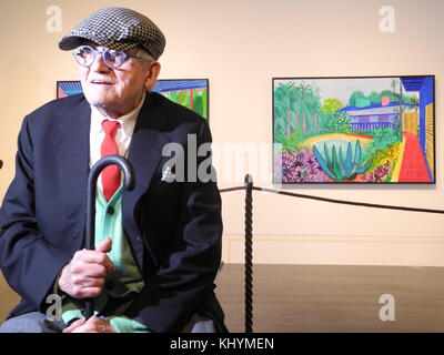 New York, USA. 20th Nov, 2017. David Hockney sitting in front of his 'Garden' painting at the Metropolitan Museum of Art in New York, USA, 20 November 2017. The Museum is dedicating a large retrospective to the work of Hockney, which spans almost 60 years. Credit: Johannes Schmitt-Tegge/dpa/Alamy Live News Stock Photo