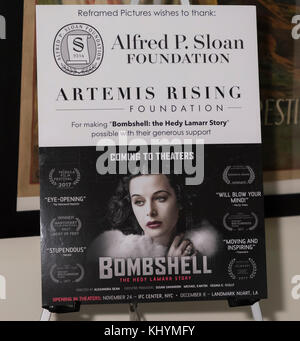 New York, USA. 20th Nov, 2017. Movie Poster for Theatrical opening of BOMBSHELL: THE HEDY LAMARR STORY at Hunter College Credit: Sam Aronov/Alamy Live News Stock Photo