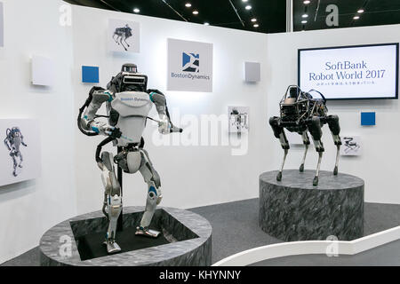 Tokyo, Japan. 21st November, 2017. Boston Dynamics' robots Atlas (L) and Spot (R) on display during SoftBank Robot World 2017 on November 21, 2017, Tokyo, Japan. SoftBank Robotics organized SoftBank Robot World 2017 to introduce AI (Artificial Intelligence) and IoT (the Internet of Things) companies developing the latest technology for robots, including applications its humanoid robot Pepper in various business fields. The robot expo runs until November 22. Credit: Rodrigo Reyes Marin/AFLO/Alamy Live News Stock Photo