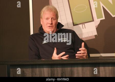 Newcastle upon Tyne, England, 21 November 2017. Matthew Carter, Director of Rugby, Newcastle University speaking at the press conference to announce The Big One, a day of rugby featuring Northumbria University playing Newcastle University followed by Newcastle Falcons against Northampton Saints in the Aviva Premiership at St James Park in March 2018. Credit: Colin Edwards/Alamy Live News. Stock Photo