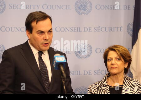 UN, New York, USA. 21st Nov, 2017. Vincenzo Amendola, Italian Under Secretary of State for Foreign Relations, spoke to press about human trafficking. Credit: Matthew Russell Lee/Alamy Live News Stock Photo