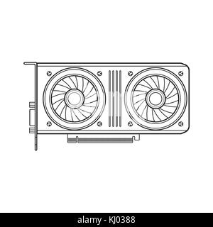 vector black monochrome outline video card computer graphics processing unit adapter contour illustration isolated on white background Stock Vector