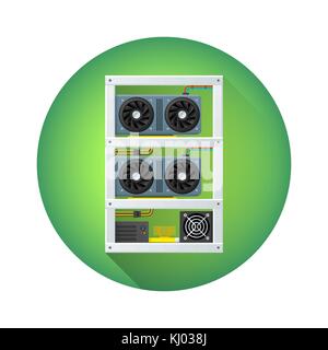 vector colorful flat design GPU miner rig farm crypto currency graphics processing unit device shadowed illustration green circle icon isolated on whi Stock Vector