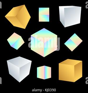 vector various jewelry silver gold pearl gradients colorful various angles of cube polyhedron decoration shapes collection isolated black background Stock Vector