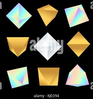 vector various jewelry silver gold pearl gradients colorful various angles of octahedron decoration shapes collection isolated black background Stock Vector