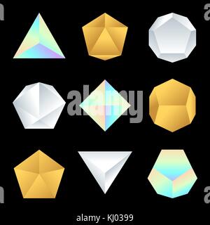 vector various jewelry silver gold pearl gradients colorful various angles of polyhedrons decoration shapes collection isolated black background Stock Vector