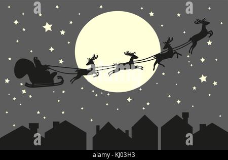 Silhouette of Santa Claus riding in a sleigh with a Christmas tree and ...