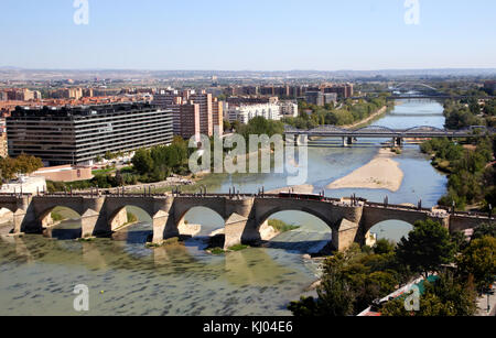 Aerial View of Puente de Piedra Stone Bridge across Ebro River Zaragoza Spain Stock Photo