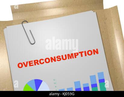 3D illustration of 'OVERCONSUMPTION' title on business document Stock Photo