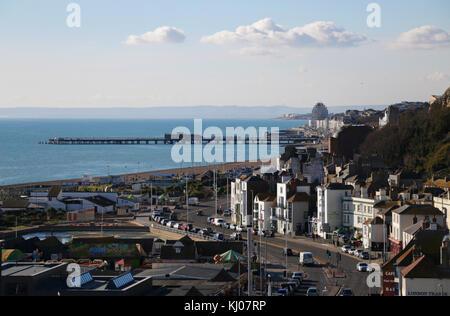 View from the East Hill in Hastings including east sussex the newly refurbished pier, the old town and the south down in the distance Stock Photo
