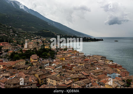 View over the Malcesine town and lake Garda from the Scaliger Castle, Lake Garda, Italy  gardalakemalcesineitalyyachtactiveattractionbeautifulblueboat Stock Photo