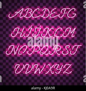 Glowing Purple Neon uppercase Script Font Stock Vector