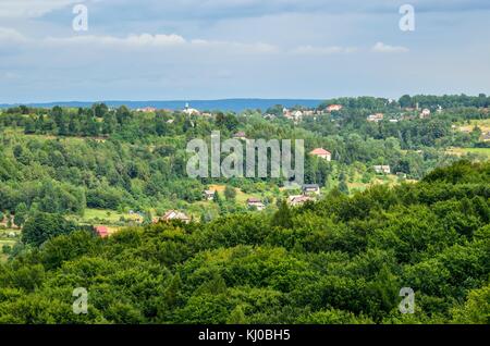 Summer rural landscape. Homes in the countryside among the green hills.