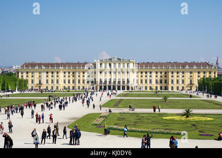 VIENNA, AUSTRIA - APR 30th, 2017: Schonbrunn Palace in Vienna. It's a former imperial 1441-room Rococo summer residence of Sissi Empress Elisabeth of Austria in modern Wien Schoenbrunn Stock Photo