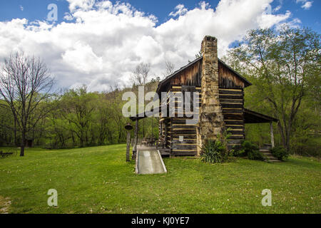 Historic log cabin on display at the Gladie Visitors Center in the Daniel Boone National Forest. This is a public owned building on public parklands. Stock Photo