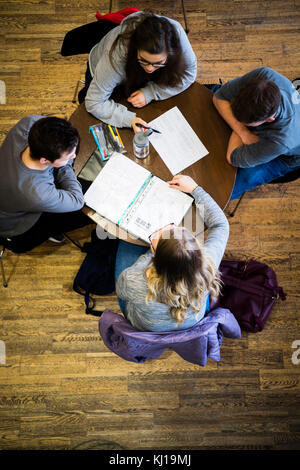 Higher education in the UK: An overhead view of a  group of four University students , two male two female, sitting around a table in a cafe refectory discussing work notes after or before a class lecture seminar tutorial Stock Photo
