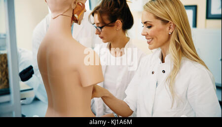 Students of medicine examining anatomical model in classroom Stock Photo