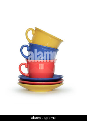 Stack of three motley cups isolated on white background with klipping path Stock Photo