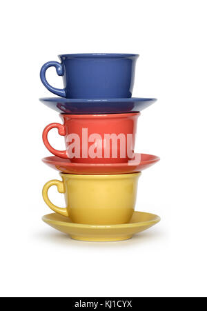 Stack of three motley cups isolated on white background with klipping path Stock Photo