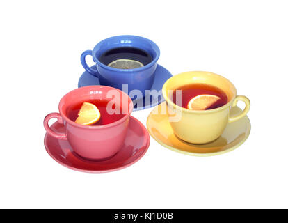 Three color cups of black tea with lemon isolated on white background with clipping path Stock Photo