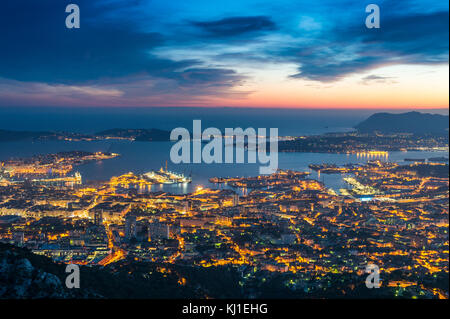 Europe, France, Var, Toulon. View from the Mont Faron, Toulon harbor by night. Stock Photo